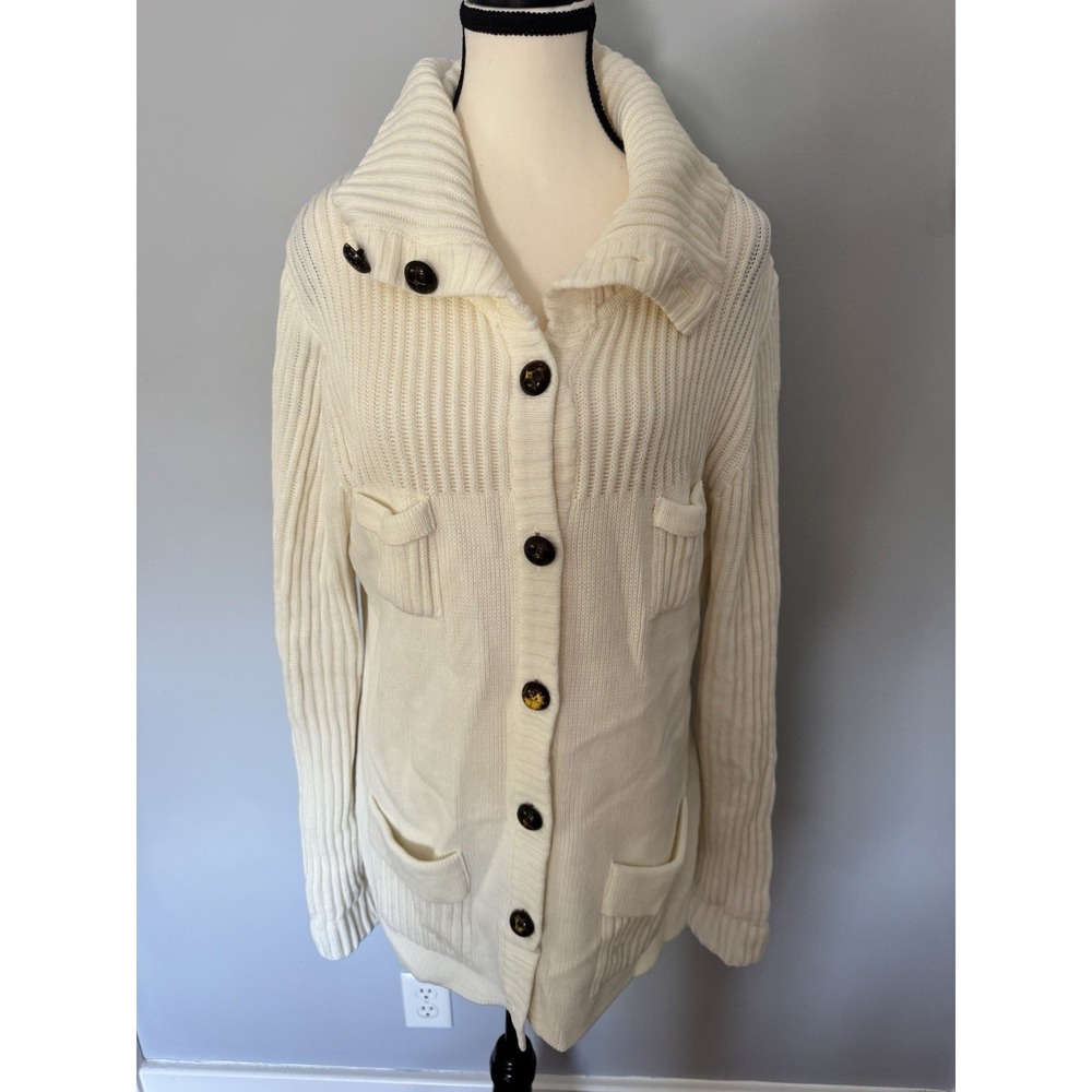 Vintage Sears Acrylic Cardigan Sweater Women's M Ivory Chunky Knit Shawl Collar